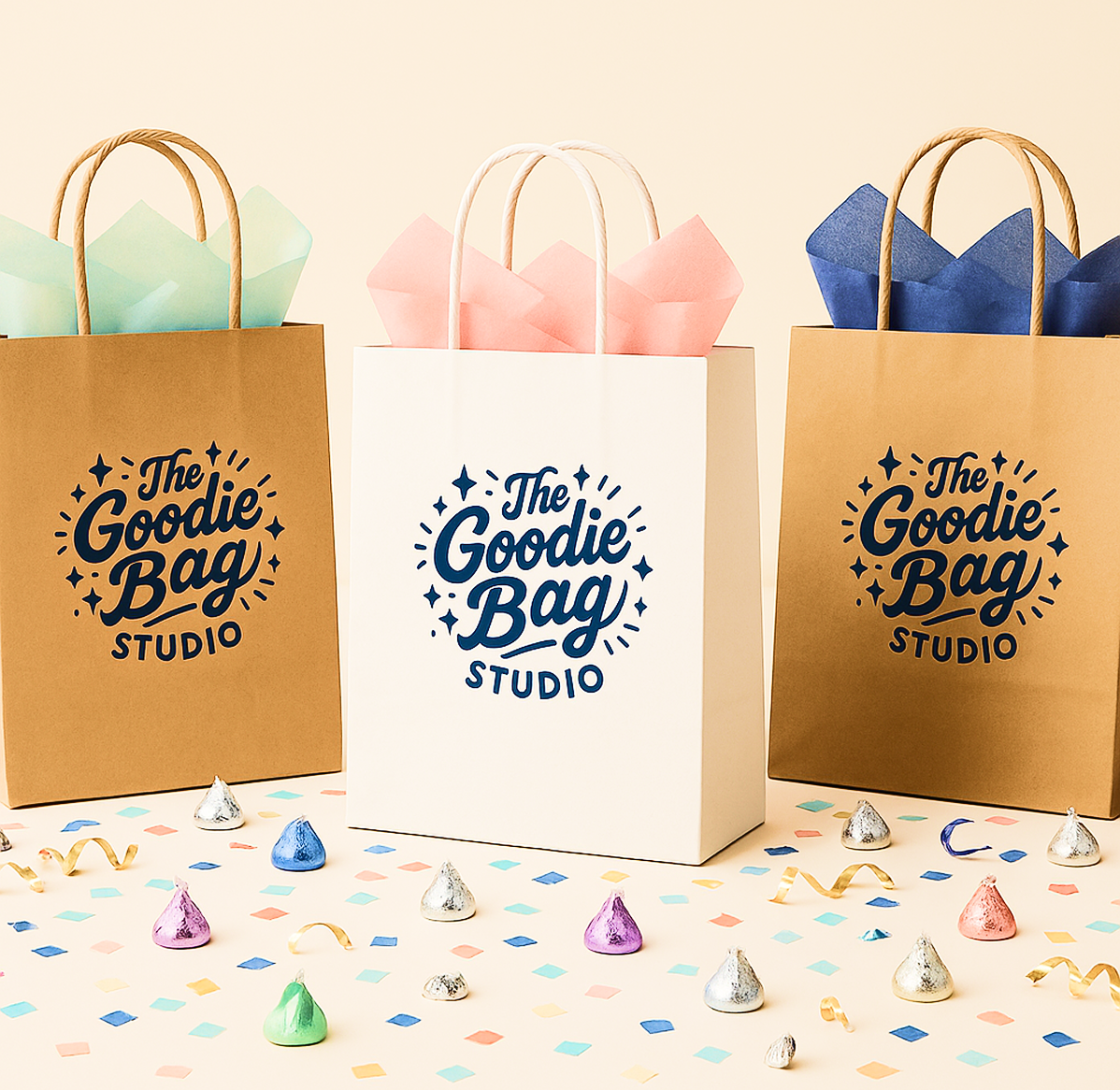 Paper goodie bags with colorful tissue paper, confetti, and chocolates.